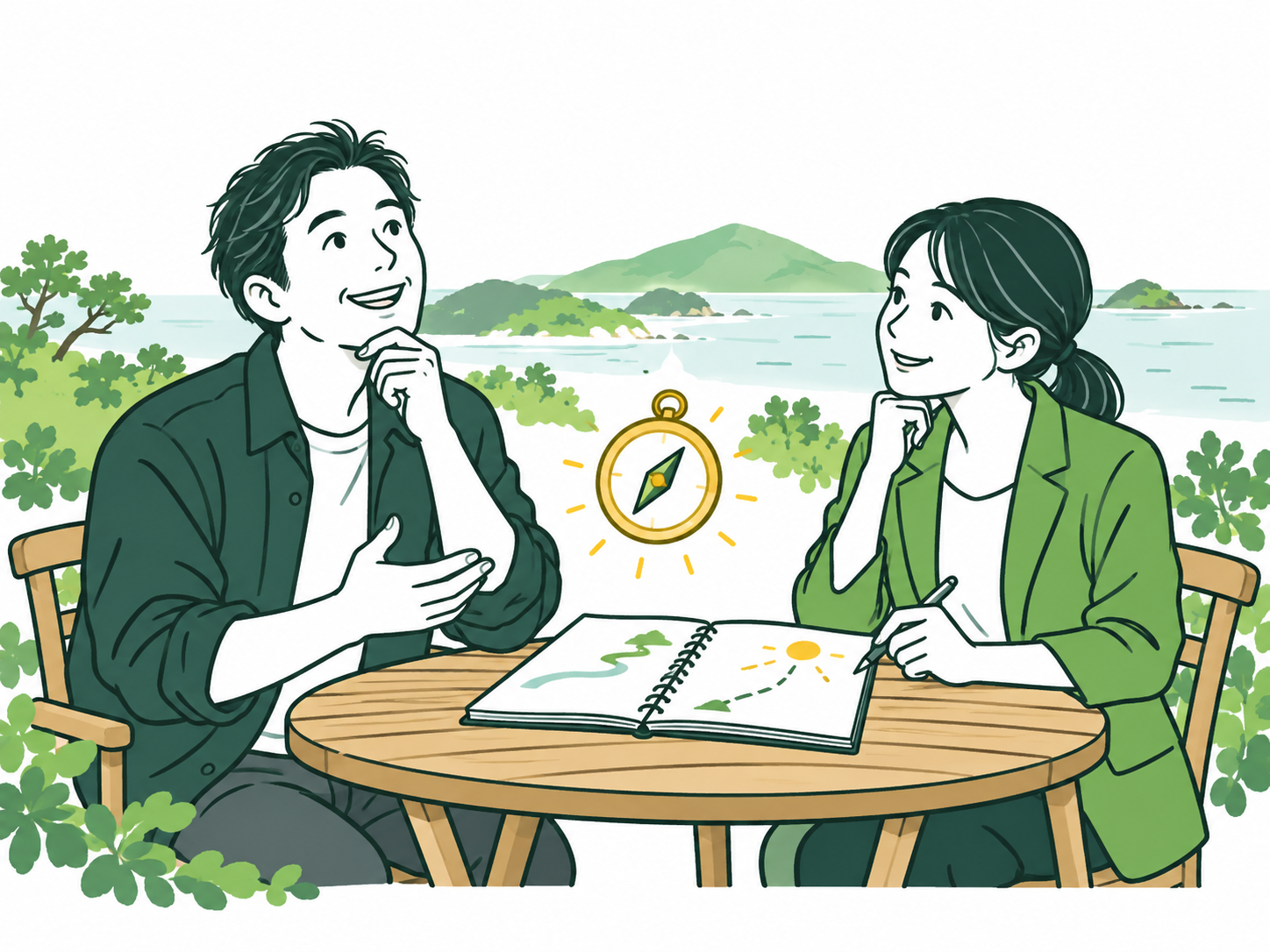 自然の中で対話し、会社の方向性を考える二人