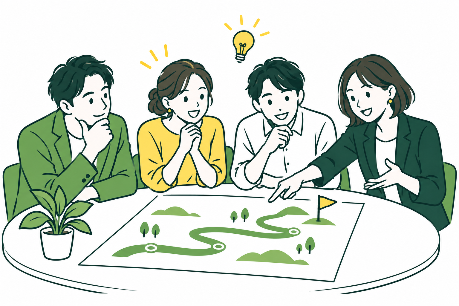 経営者と仲間がテーブルを囲み、会社のこれからを一緒に考えるイラスト